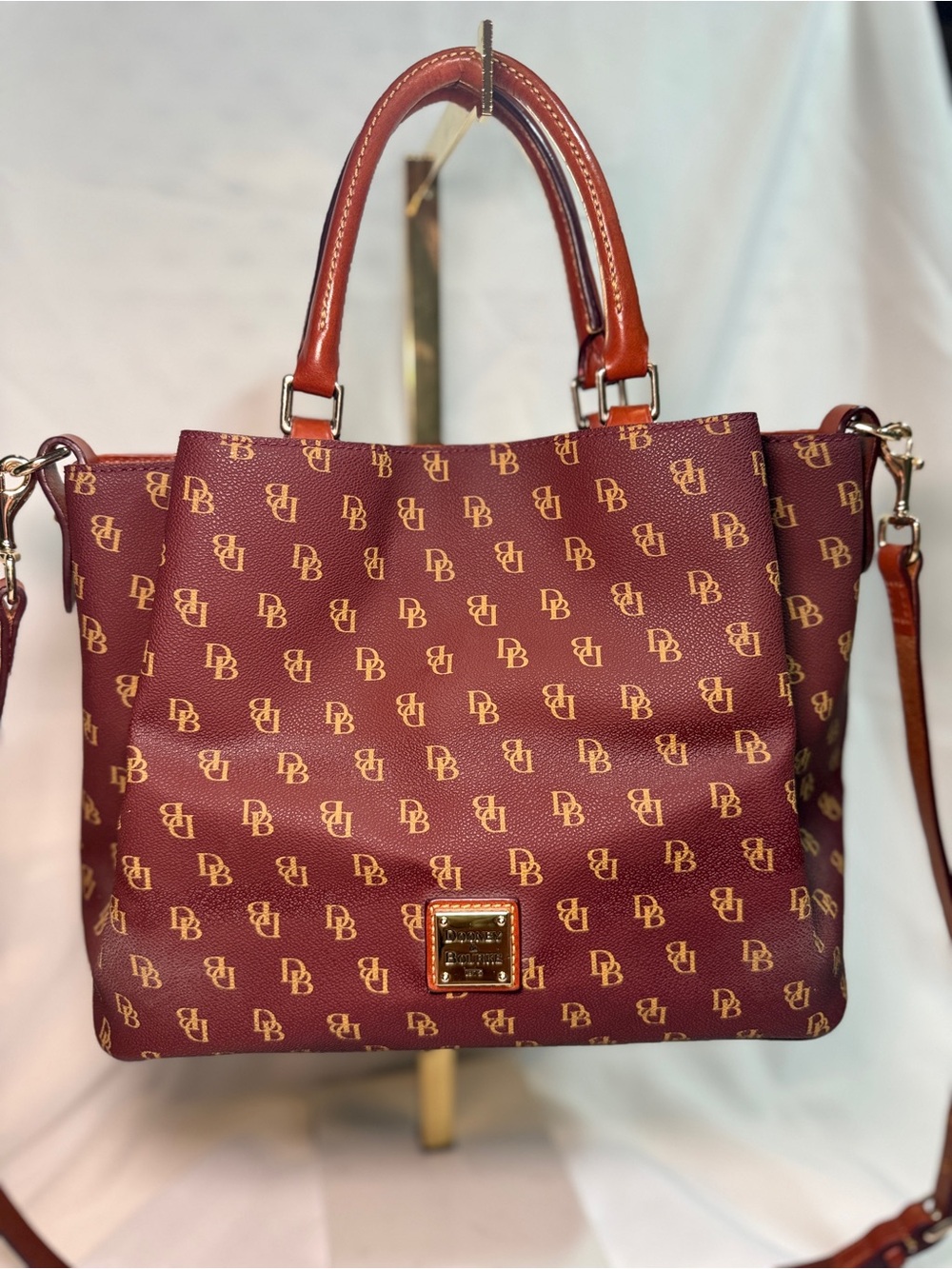 Dooney & Bourke Burgundy Satchel with Tan Trim and Gold Hardware